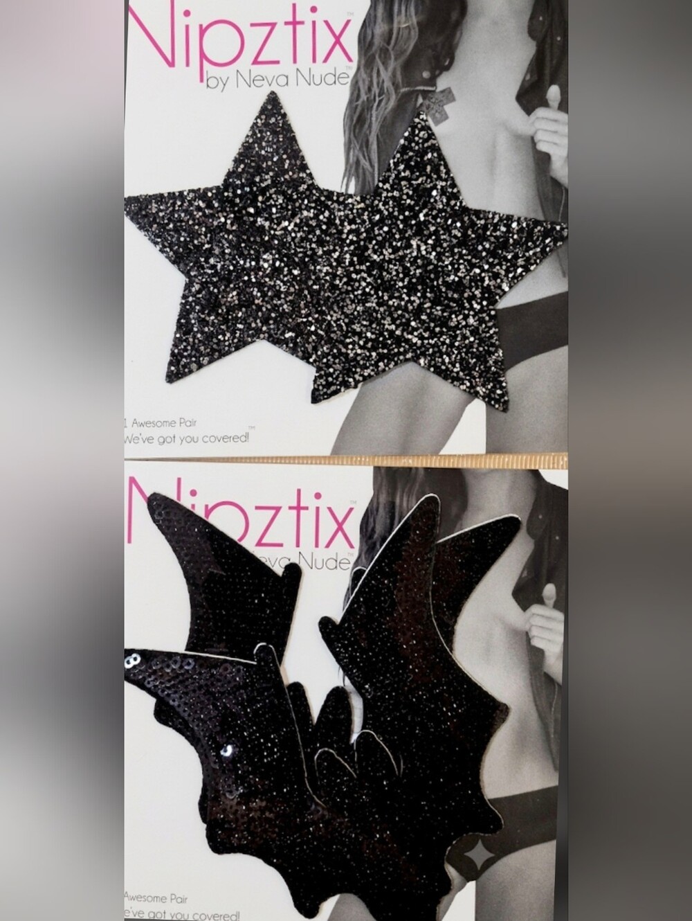 Pasties Bundle Black Glitter Star & Sequined Bat Nipple Covers NIB By Neva Nude